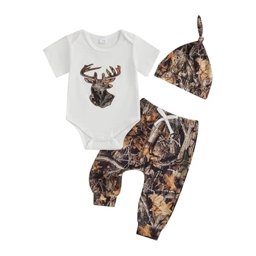 Newborn Baby Boy Hunting Outfit Deer Mallard Duck Short Sleeve Romper Jungle Camo Pants Set Hat 3Pcs Clothes