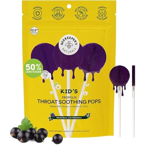 Beekeeper's Naturals Kids Throat Soothing Lollipops, Mixed Berry & Elderberry Doctor Formulated Immune Support, Vitamin D & Honey, 15 ct