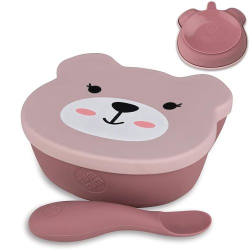 TUM TUM Suction Bowl for Baby, Toddler Bowl with Lid & Spoon, for Babies & Toddlers 6 Months+, BPA Free Silicone Baby Feeding Set, Microwave/Dishwasher/Freezer Safe, Betsy Bear, Pink