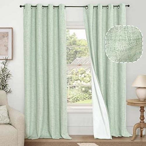 Sage Green Blackout Curtains for Living Room - Spring Linen Curtains 84 Inch Length Thermal Insulated Privacy Burlap Window Drapes for Bedroom Scandinavian Farmhouse, 2 Panels Each 52" Wide