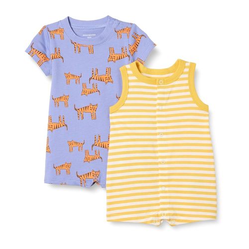 Amazon Essentials Unisex Babies' Sleeveless and Short-Sleeve Romper Set, Pack of 2