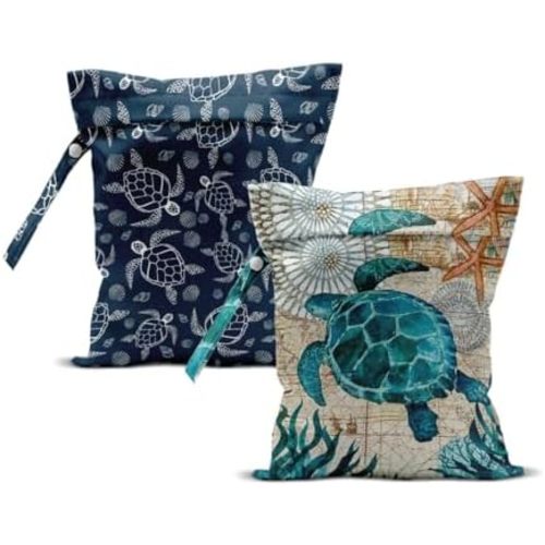 2Pcs Turtle Wet Bag 12x10 Inch, Starfish Waterproof Reusable Wet Dry Bags, Sea Weed Washable Travel Laundry Bags for Swimsuit Beach Diapers Dirty Yoga Gym Clothes, Sea Turtle Gifts for Women Friend
