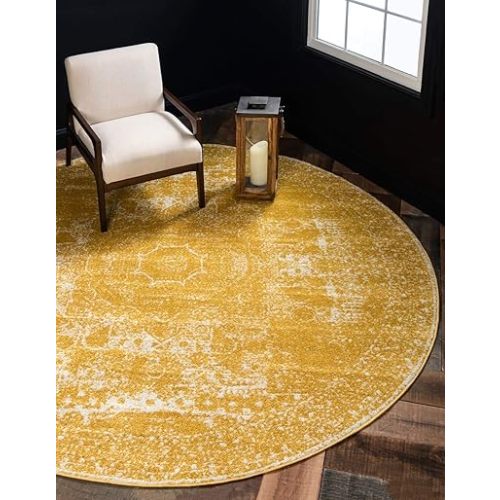 Unique Loom Bromley Collection Area Rug - Wells (96" Round, Yellow/ Ivory)