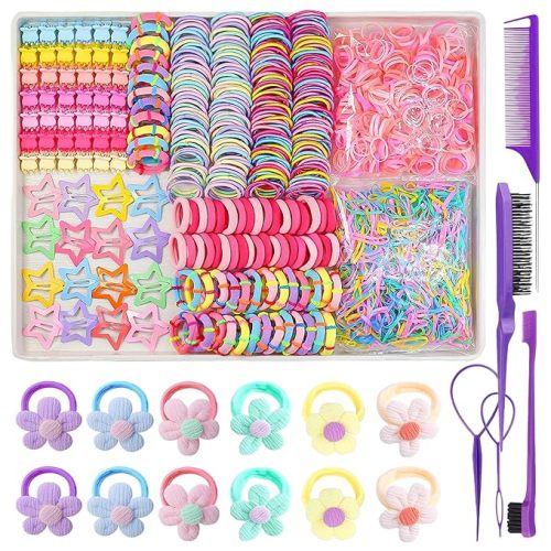 889 pcs Cute Girls Hair Ties Set Colorful Elastic Hair Bands Toddler Hair Accessories for Girls with 12 pcs Flower Hair Ties