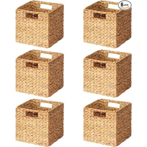 6 Pack Wicker Basket, Storage Baskets for Organizing, Woven Rattan Basket with Handles for Shelves, Water Hyacinth Large Cube Organizer Storage Bin, 10.5x10.5x10.5 inch, Natural