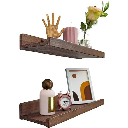 Floating Shelves for Wall 16 inch, Waterproof, Wall Storage Shelves with Lip, Display Picture Ledge Shelf for Photo Frame, Natural Wood Hanging Book Shelves (American Walnut, Set 2)