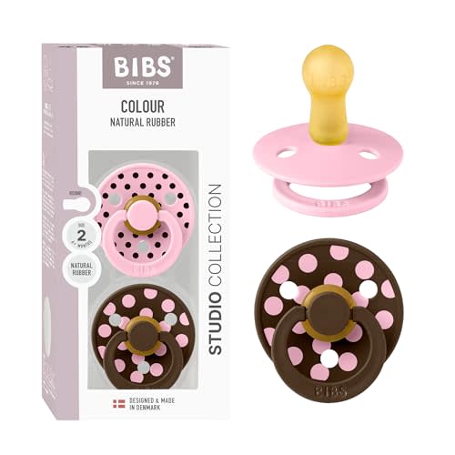 BIBS Colour Polka Dots Pacifier, 6-18 Months, 2-Pack, Baby Pink/Mocha | Round Natural Rubber Nipple | Size 2 | BPA-Free | Made in Denmark | High Nipple Acceptance | Airflow Holes | Comfort Shield