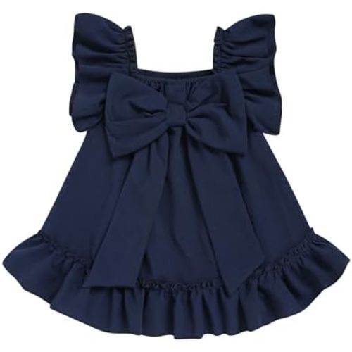 Toddler Girl Flutter Sleeve Dress, Back Bow Wrinkle Resistant Casual Outfit