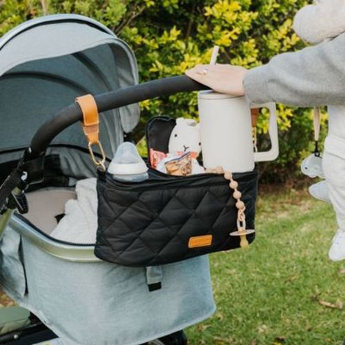 ZICOTO Beautiful Stroller Caddy Organizer with 2 Cup Holders – Universal Fit with Leather Straps & Zipper Pocket – Fits Doona, Nuna, Uppababy