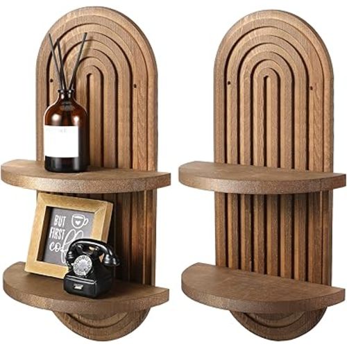 Wenqik 2 Pcs Boho Wall Shelf Rainbow Arch Wooden Floating Shelf Mid Century Bohemian Hanging Holder Double Vintage Wall Mount Altar Decor for Nursery Bedroom 15.75 x 6.69 Inches(Brown)