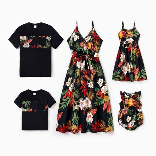 PatPat Family Matching Outfits Baby Girl Clothes Romper Bodysuit Flutter Sleeve Tropical Snap Crotch One Piece Outfit, Black, Baby Girl 3-6M