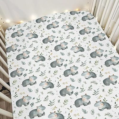 Cute Hippo Green Leaves Baby Crib Sheets for Boy Girl 28"x52" Cartoon Hippo Boho Leaves Soft Stretchy Fitted Crib Mattress Cover Wild Animal Baby Sheet for Standard Crib and Toddler Bed Mattress