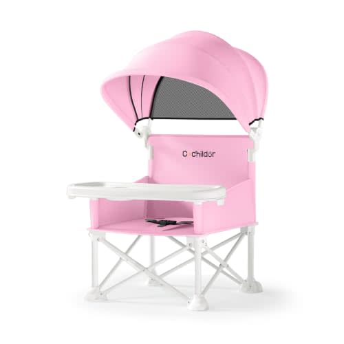 Cochildor 4-in-1 Portable Baby Chair, Foldable Toddler Booster Seat, Pink | Removable Tray & Sun Canopy, Adjustable 3-Point Safety Harness, Compact Carry Bag, Fits 6M - 3T