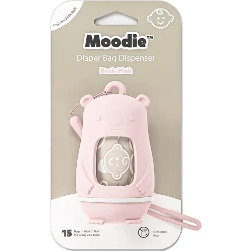 NEW Moodie Teddy Bear Diaper Bag Dispenser | Diaper Bag on the Go Dispenser w/Silicon Strap |15 UNSCENTED Diaper Disposal Bags per Roll | Diaper bag essential items (ROSIE PINK)
