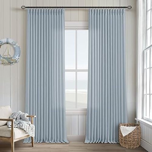 Blue Grey 90 Inch Linen Curtains Pinch Pleated for Living Room Bedroom Dining Boho Coastal Light Filtering Pinch Pleat Drapes Hooks Rings Back Tab Semi Sheer Dusty Blue Window Curtains 2 Panels