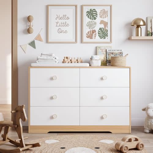 White 6 Drawer Dresser for Bedroom, Modern Wood Chest of Drawers with Solid Wood Legs, Elegant Clothes Storage Cabinet for Bedroom or Living Room, White