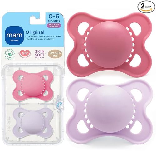 MAM Original Matte Baby Pacifiers 0-6 Months, Binky for Newborn Babies, BPA-Free Skin Soft Silicone Nipple, Easy to Clean, Developed with Medical Experts, 2 Count, With Sterilizer Case, Made in Europe