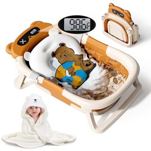 Kerbwry Collapsible Baby Bathtub for Newborn to Toddler (0-24 Months), Portable Baby Tub with Thermometer, Newborn Bathtub for Infants with Soft Towel and Floating Cushion (Brown)