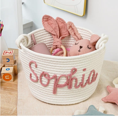 Personalized Baby Shower Gift Basket- Handcrafted Rope Cotton Basket with Custom Name- Perfect Newborn Gift & Diaper Caddy Nursery Storage Baby Basket
