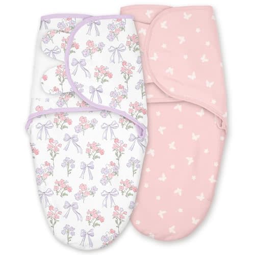 Cotton Swaddles for Newborns, Baby Newborn Swaddle 0-3 Month | 2-Pack Soft Adjustable Newborn Swaddle Sleep Sack, Baby Girls & Boys，Wrap Nursery Infant Swaddling Blankets Butterfly & Bow