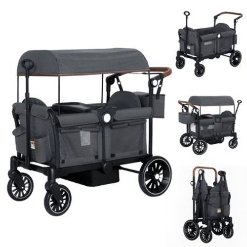 Kinder King All-Terrain Stroller Wagon for 2 Kids with Canopy, Shock-Absorbing Wheels, Storage Bag, Snack Tray & Adjustable Leather Handle, Black