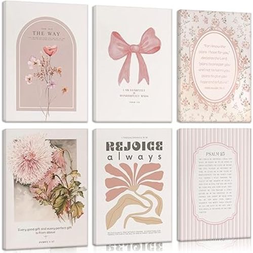 6Pcs Pink Christian Wall Art Bow Bible Verses Wall Decor Psalms Scripture Posters Boho Floral Pictures Pink Stripes Canvas Paintings for Bedroom Dorm Apartment Framed