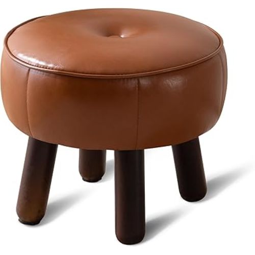 Small Foot Stool, Round Faux Leather Pouf Ottoman Foot Rest, Footstool Ottomans with Rubber Legs Under Desk, 13''L x 13''W x 10.2''H, Footrest for Couch, Living Room, Bedroom, Hallway, Brown
