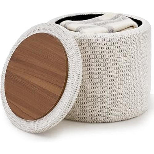 Wimarsbon Pouf Ottoman, 100% Cotton Knitted Boho Footstool, Round Footrest with Non-Skid Wood Legs, Home Décor Handmade Pouffe, Leisure Floor Step Stool for Living Room (18inch White Storage Ottoman)