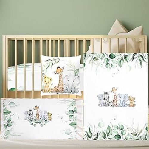 Baby Safari Animals Crib Bedding Set 3 Pcs Crib Set Baby Blanket, Fitted Sheet, Pillowcase Soft Flannel Nursery Bedding for Standard Infant Bed and Toddler Mattress Newborns Gifts