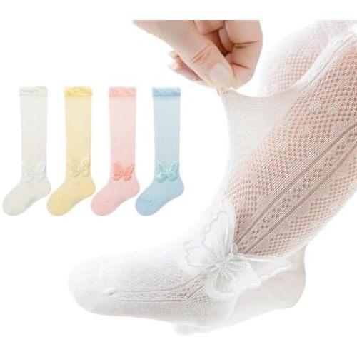 Baby Toddler Girl Knee-hight Lace Socks Kids Thin Mesh Princess Mary Jane Dress Socks Tube Uniform Stockings 4 Pairs