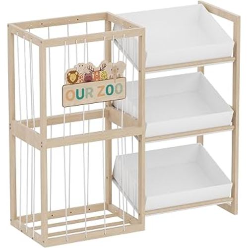Wooden Toy Storage Organizer with Elastic Bands, Easy to Assemble and Use, Large Capacity Toy Bin Organizer for Nursery Playroom Bedroom, Adorable and Practical Design