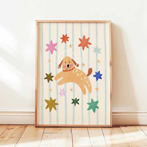 Dog Astronaut Stars Print, Colorful Kids Playroom Poster, Toddler Wall Decor, UNFRAMED