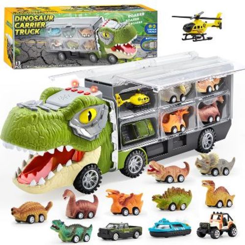 Joyfy 13-in-1 Dinosaur Toy Set with 12 Pull-Back Cars for Kids Ages 3-5, Dinosaur Transport Carrier Truck, Birthday Gift for Toddlers Boys 3+ Years