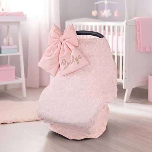 Rose Gold Roses Baby Car Seat Cover | Stretchy Nursing Cover | Personalized Name Embroidery Bow | Fits All Infant Car Seat Brands