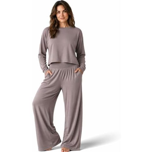 Harmony & Balance Lounge Set Women 2 Piece Cropped Long Sleeve Top & Wide Leg Pants with Pockets Matching Loungewear