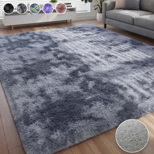 Nefoso Shag Area Rug, 9ft x 12ft Soft Fluffy Tie-Dye Area Rugs for Living Room Bedroom Decor Carpet, Blue & Grey