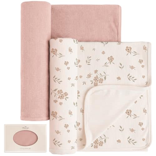 Konssy Ribbed Knit Baby Blankets 2 Pack, Stretchy Lightweight Swaddle Blanket for Boys & Girls, Soft Cozy Receiving Wrap for Newborns, Infants, & Toddlers, 33x42 Inch