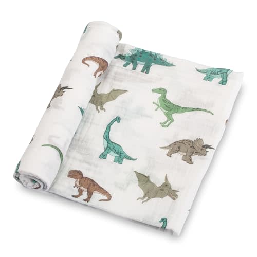 LollyBanks Baby Blanket, 100% Cotton Muslin Swaddle Blankets for Boys, Large 47 x 47 Inches Newborn Blanket, Soft and Breathable Receiving Blankets, Baby Essentials, Registry (Dinosaur Print)