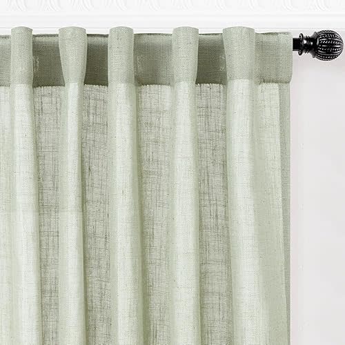 decorUhome Linen Semi Sheer Curtains 102 Inch Long, 2 Panels Light Filtering Curtains Drapes with Rod Pocket and Back Tab for Living Room Bedroom Farmhouse Decor, Sage Green, W52 x L102