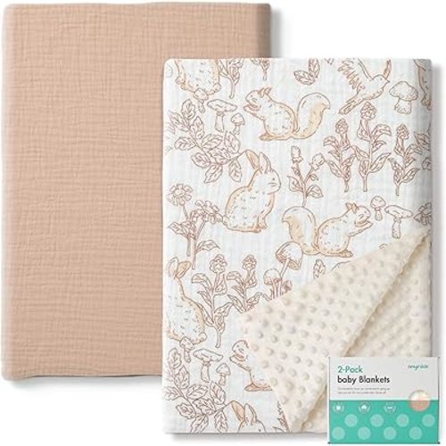 Muslin Minky Baby Blanket for Boys and Girls - 2 Pack Soft Baby Blankets, Nursery Minky Blankets with Muslin Cotton Front and Dotted Fleece Backing, Cozy and Lightweight Newborn Blanket