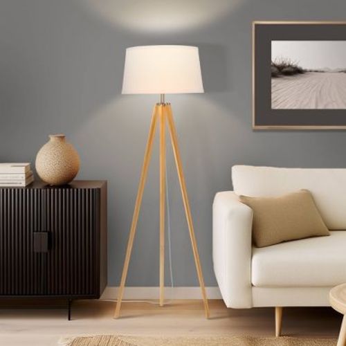 Brightech Emma Mid-Century (Includes LED Light Bulb) Tripod Floor Lamp Polished Natural Wood