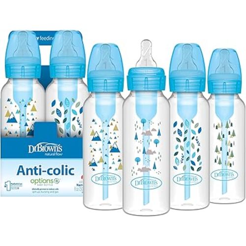 Dr. Brown's Natural Flow Anti-Colic Options+ Narrow Baby Bottle, Blue Nature, 8 oz/250 mL, with Level 1 Slow Flow Nipples, 0m+, 4 Pack