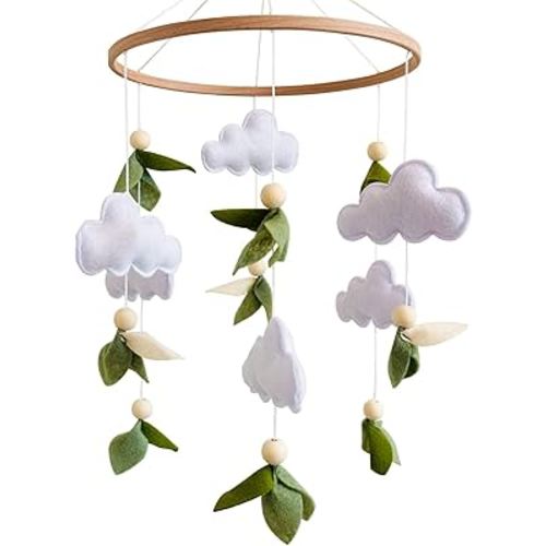 Green Leaf Baby Crib Mobile, WoodlandMobile for Crib for Baby Boys & Girls, Green Nursery Decor, with Felt Leaves, White Clouds