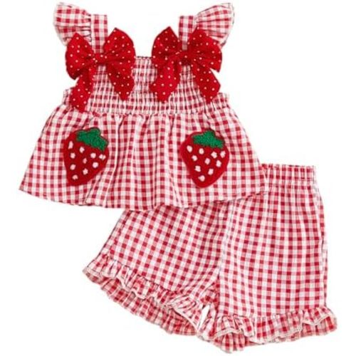 Ropa de verano para bebé niña pequeña, lindo lazo a cuadros, traje de fresa, camiseta sin mangas con volantes de verano, conjunto de pantalones cortos 6M-3T