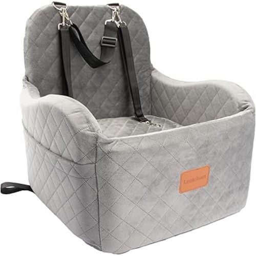 Dog Booster Car Seat for Small/Medium Dogs Up to 35lbs,Ultra Soft Fabric Covered,6in Elevated Cushion,Fully Detachable and Washable,3 Straps & 2 Pockets,Easy to Install(Grey,Medium)
