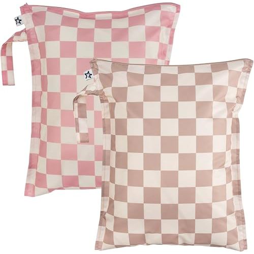Tiny Twinkle Mess Proof Wet Bags | 2-Pack Reusable Waterproof Wet Bags for Swimsuits | Baby Clothes | Travel & Diaper Bag (Pink, Brown Checkers)