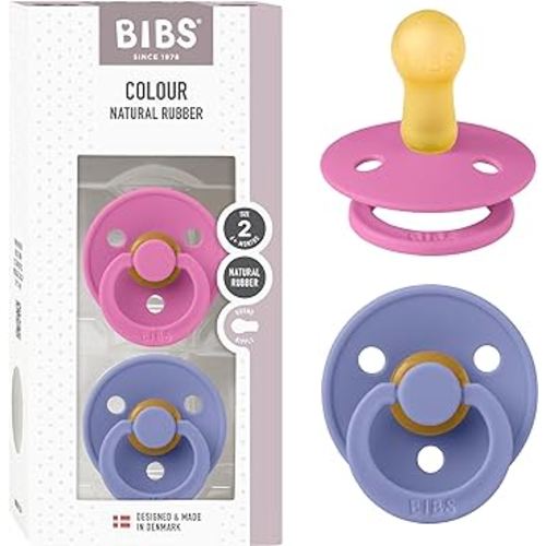 BIBS Pacifiers Colour Collection | Natural Rubber Baby Pacifier | Set of 2 BPA-Free Soothers | Made in Denmark | 6+ Months (Pack of 2) | Bubblegum/Peri