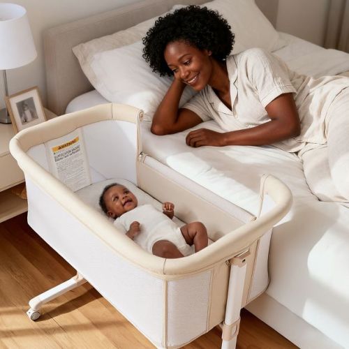 Kinder King Baby Bassinet with Wheels, Portable Newborn Bedside Sleeper, All-Sided Mesh Infant Crib with Removable Soft Mattress, Beige