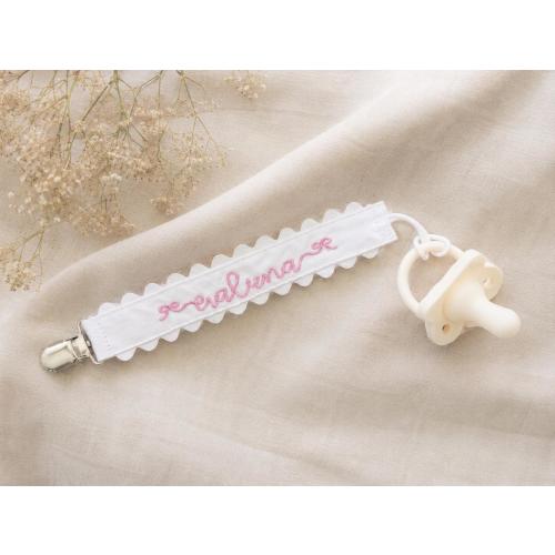 Custom Embroidered Name Pacifier Clip – Personalized Baby Girl Pacifier Holder with Scalloped Edge | Baby Shower Gift | Newborn Essentials