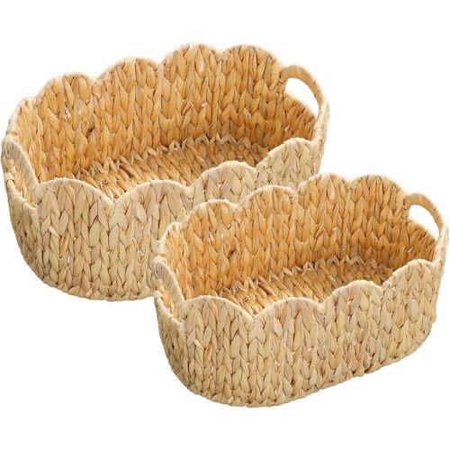 Paper Rope Scalloped Basket Set of 2, Wicker Storage Baskets for Shelves,Gifts,Books,Toys,Cute Decor Rattan Baskets for Organizing,Natural Color